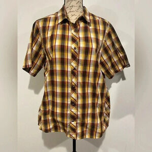 Prana Brown Yellow Plaid Organic Cotton Pearl Snap Short Sleeve Shirt. Medium